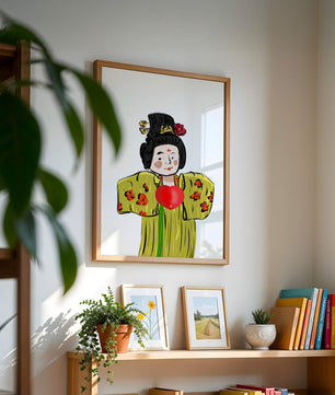 Ilustración de una figura tradicional con atuendo vibrante y un símbolo de corazón