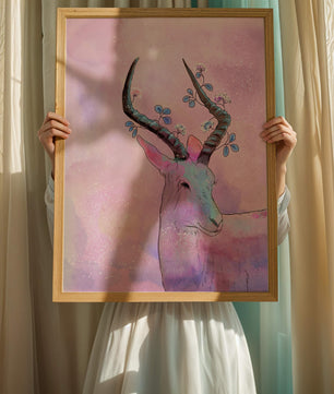 Pastel watercolor illustration of antelope with floral horns