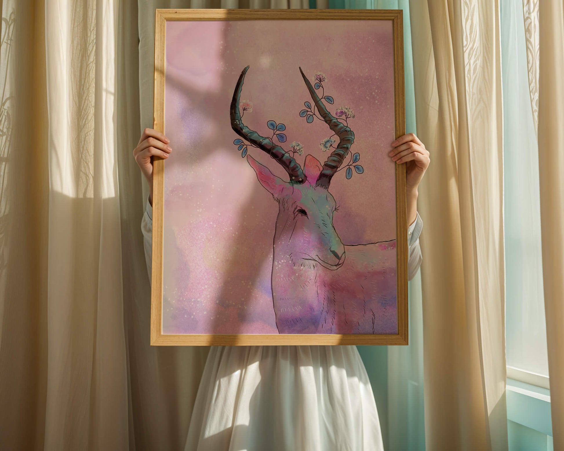 Pastel watercolor illustration of antelope with floral horns