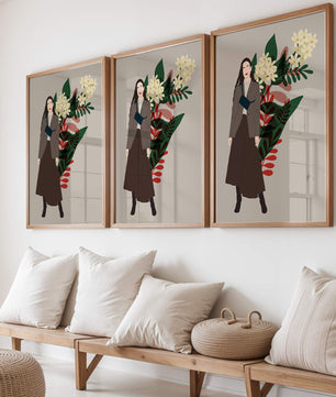 Elegant woman illustration with floral background in earthy tones
