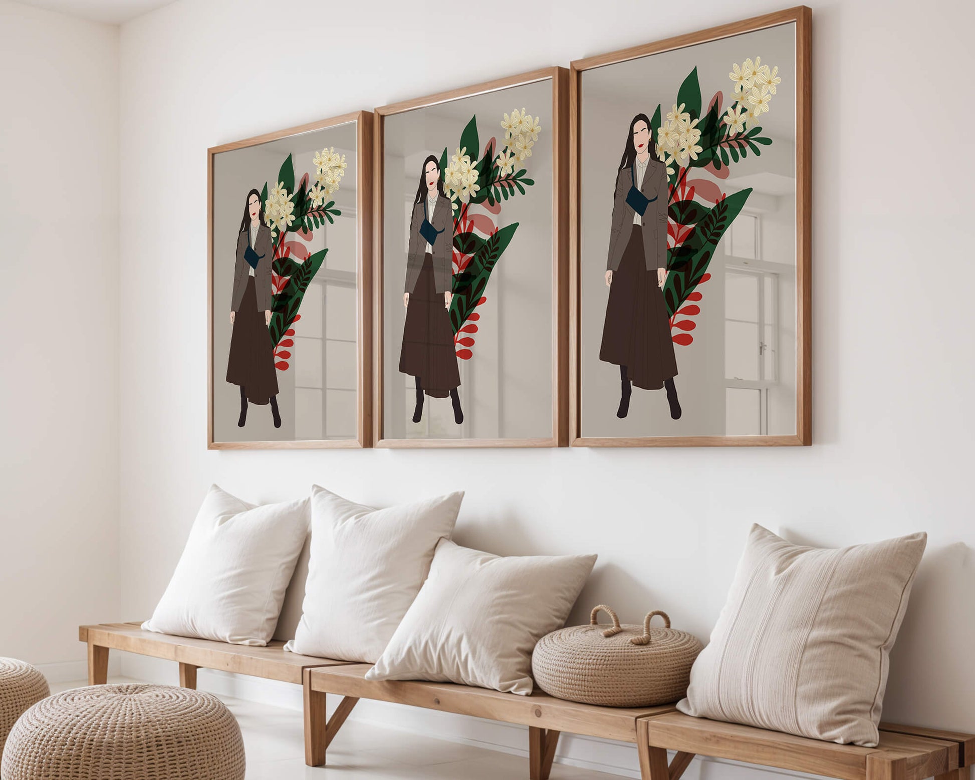 Elegant woman illustration with floral background in earthy tones