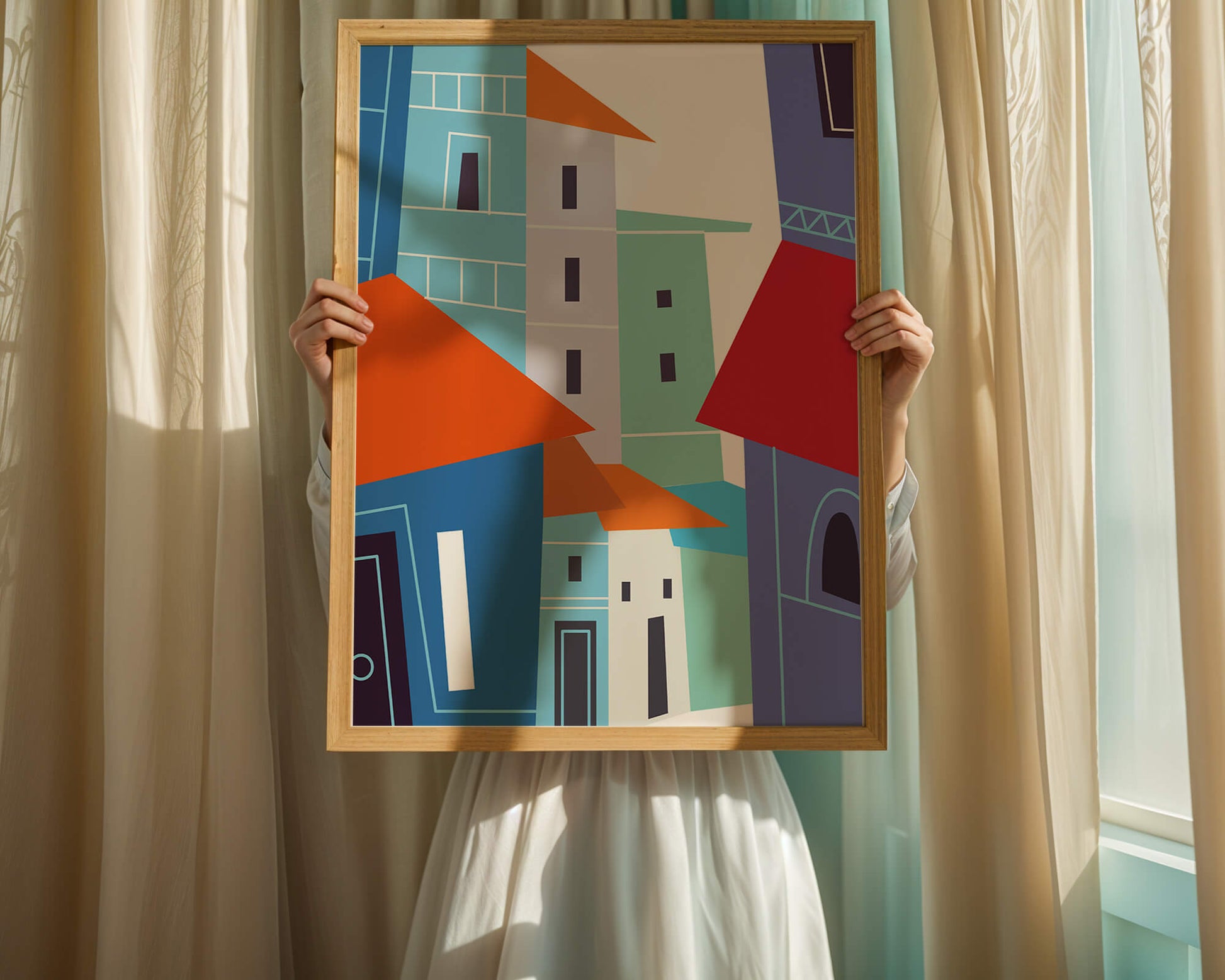 Colorful abstract cityscape with geometric buildings
