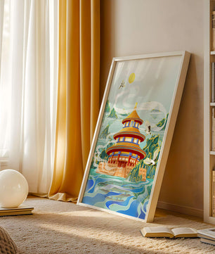 Alter chinesischer Pavillon am Wasser mit Kranichen und Bergen