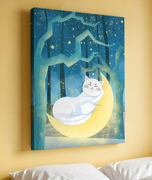 Cat sleeping on the moon in an enchanted forest under the starry sky
