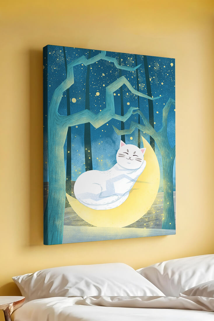 Cat sleeping on the moon in an enchanted forest under the starry sky