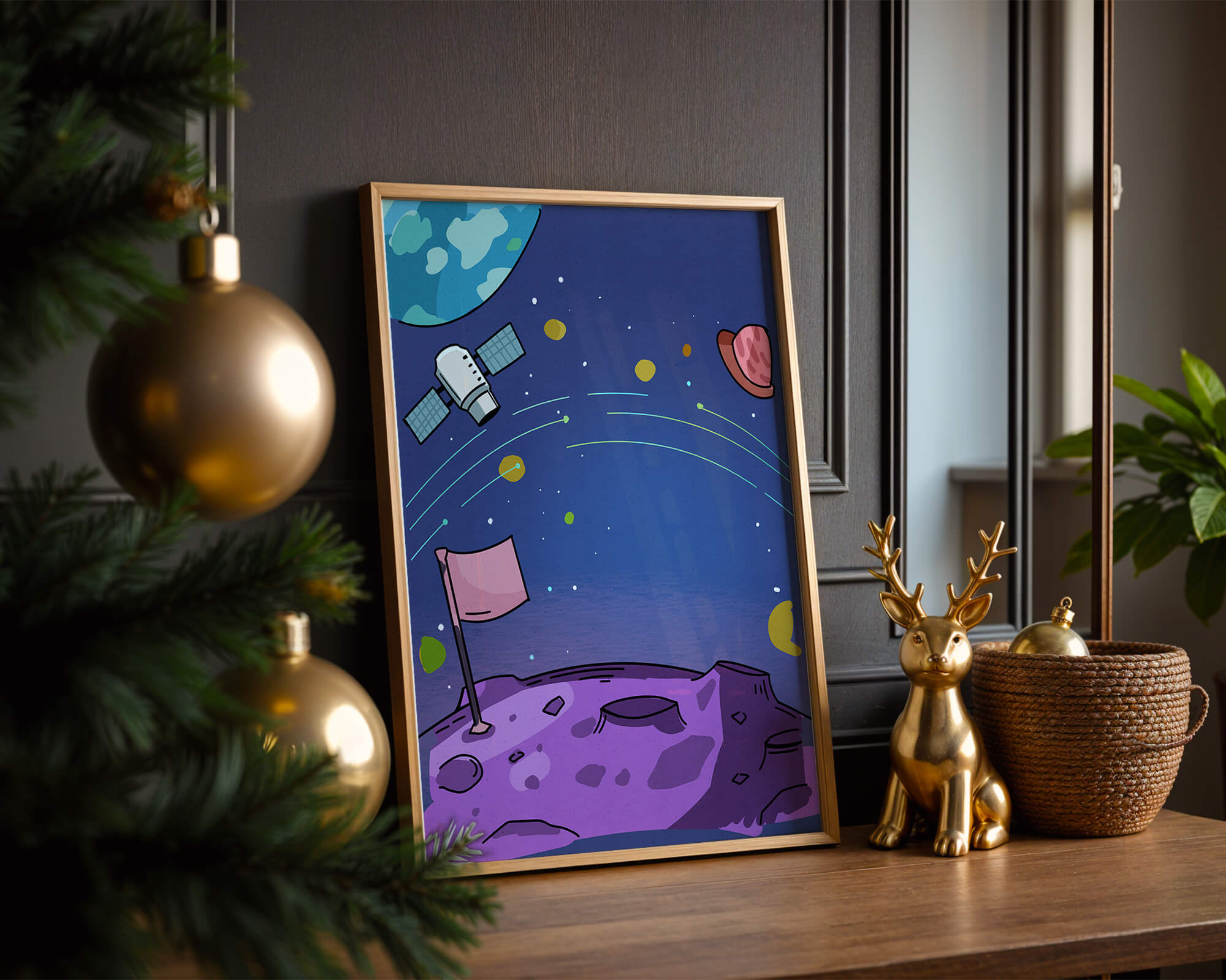 Illustration of outer space scene with planets and satellite