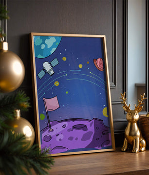Illustration of outer space scene with planets and satellite