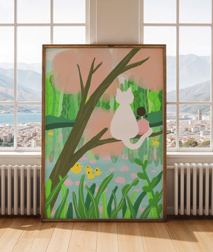 Encantadora ilustración al pastel de una niña y un gato junto a un estanque tranquilo