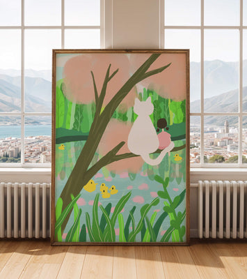 Charming Pastel Illustration of Girl and Cat by a Tranquil Pond