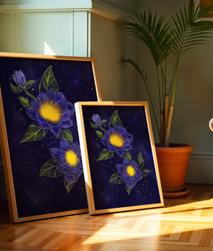 Floral Art with Blue and Yellow Lotus Design on Starry Background
