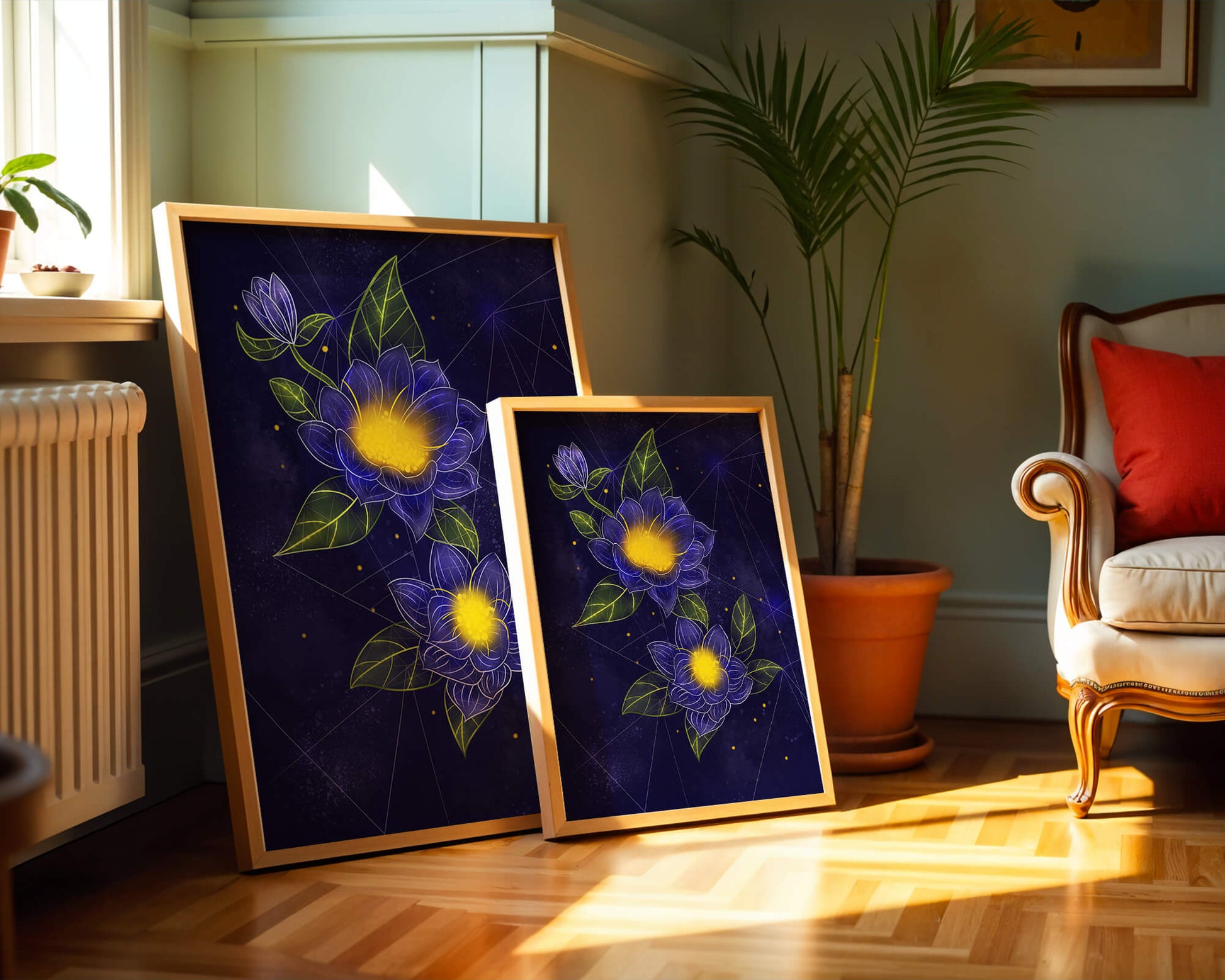 Floral Art with Blue and Yellow Lotus Design on Starry Background