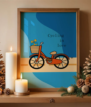 Bicicleta colorida con un regalo en la cesta sobre fondo azul