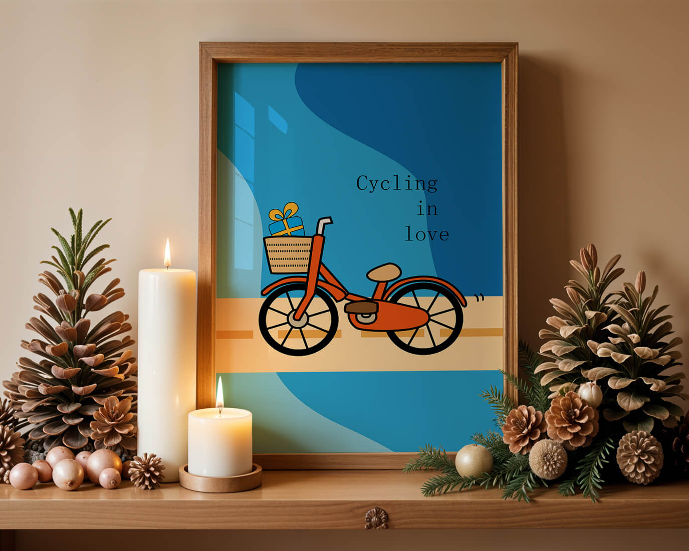 Colorful bicycle with a gift in basket against blue background