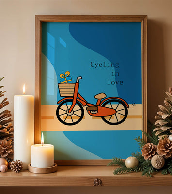 Colorful bicycle with a gift in basket against blue background