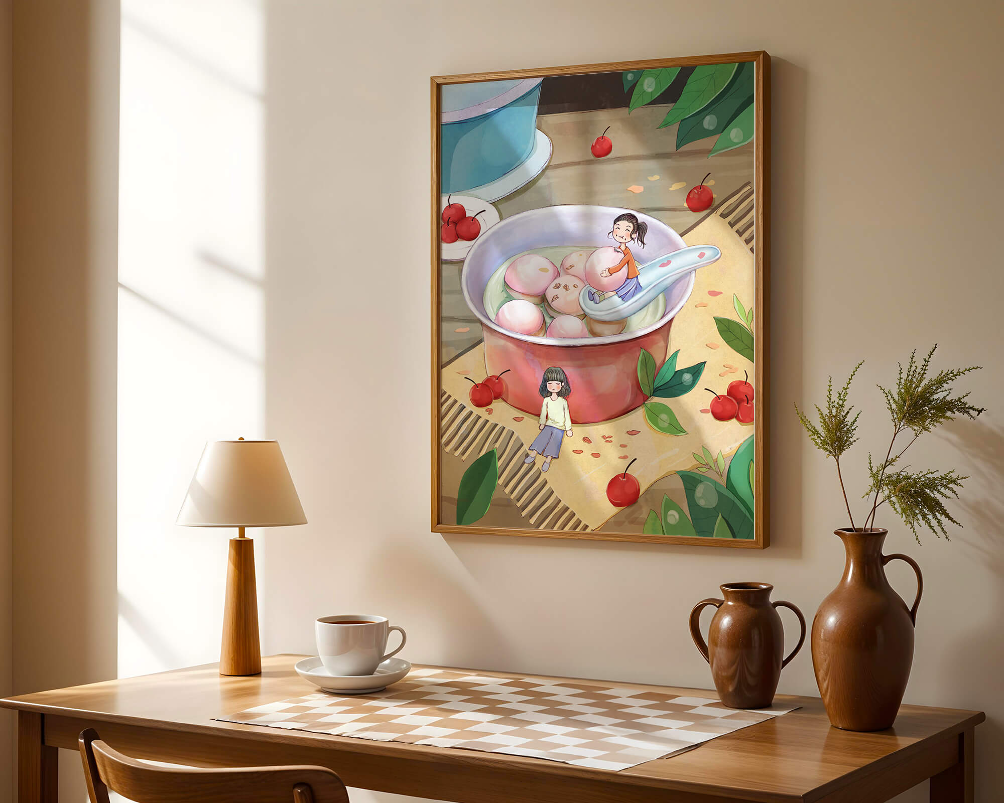 Charming illustration of children with dessert in a whimsical setting
