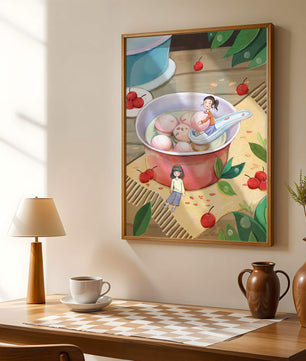 Charming illustration of children with dessert in a whimsical setting