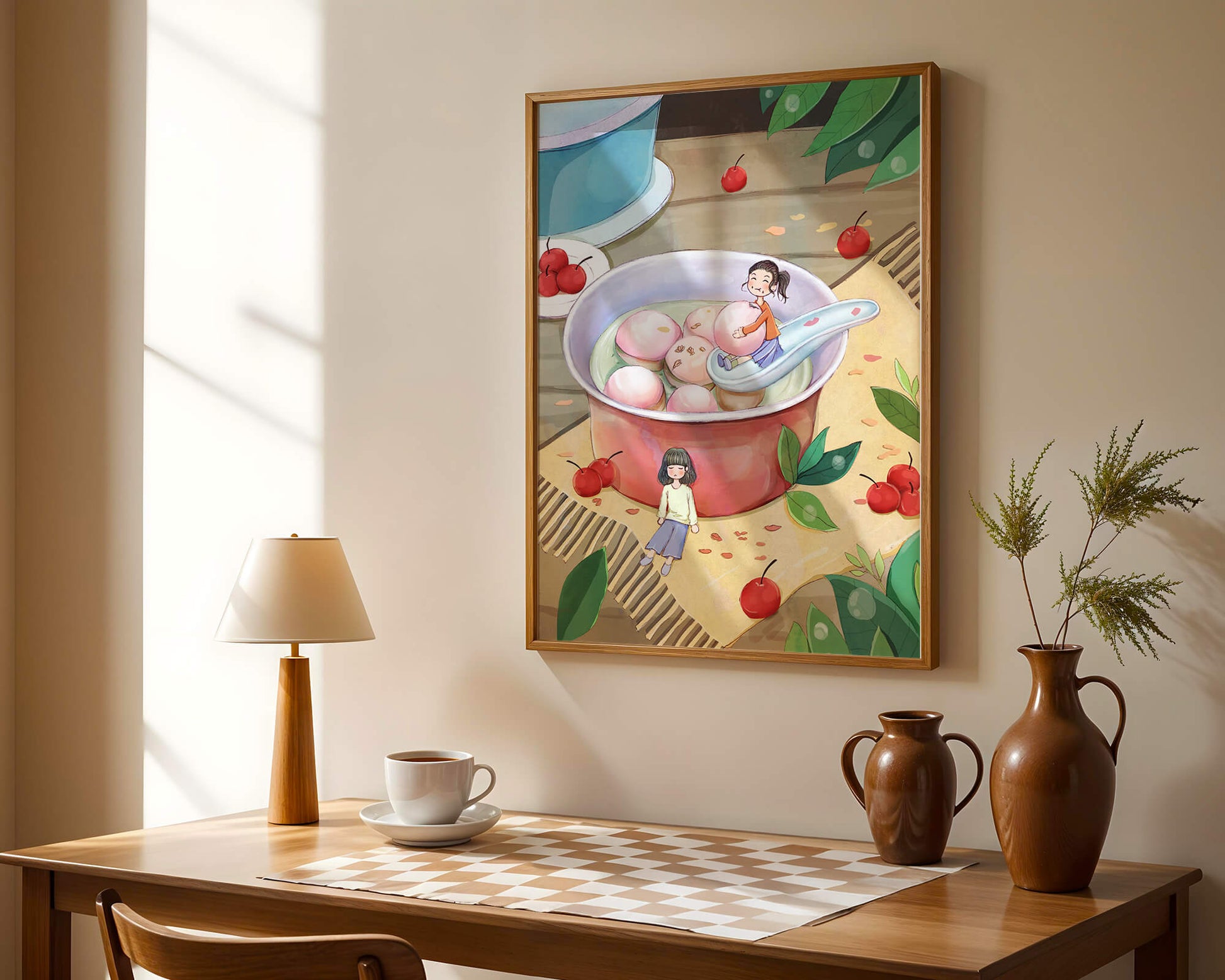 Charming illustration of children with dessert in a whimsical setting