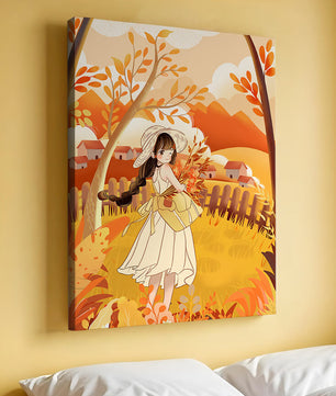 Illustration of a Girl in a Yellow Dress in Autumn Scenery