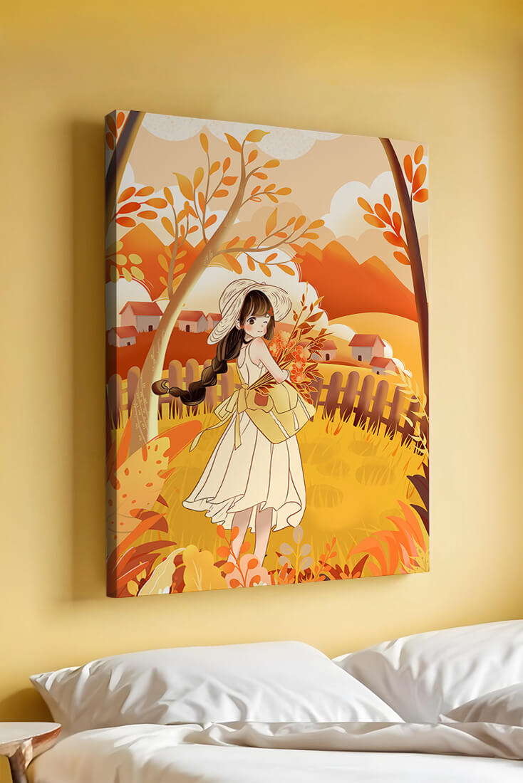 Illustration of a Girl in a Yellow Dress in Autumn Scenery