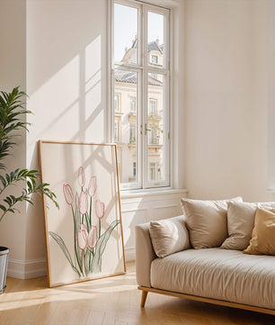 Wunderschöne rosa Tulpen mit grünen Blättern auf einer minimalistischen Leinwand
