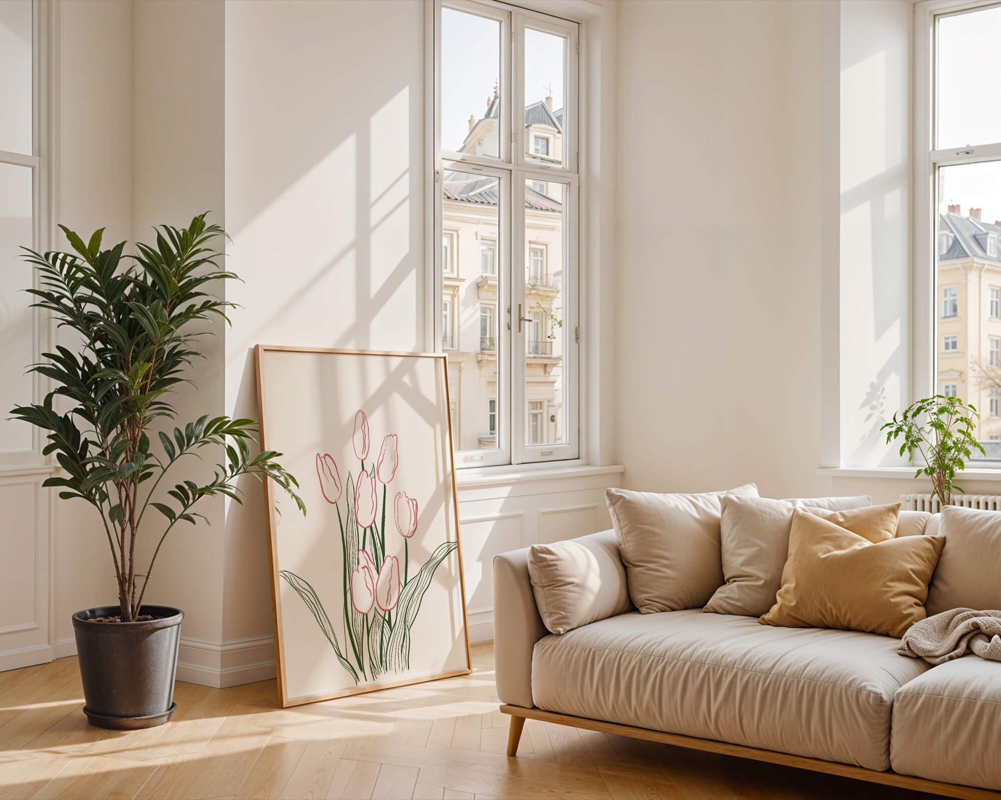 Wunderschöne rosa Tulpen mit grünen Blättern auf einer minimalistischen Leinwand