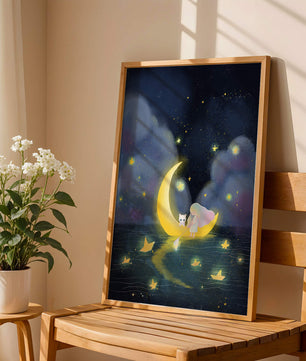 Whimsical night scene with child and cat on crescent moon