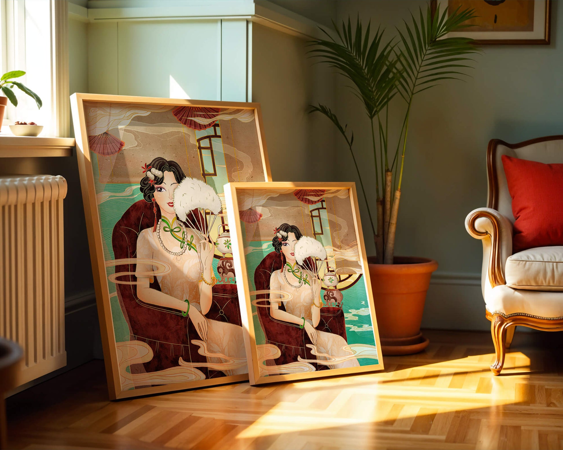 Elegant vintage Asian-inspired artwork featuring a woman with a fan