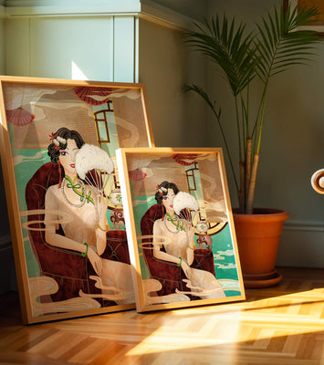 Elegant vintage Asian-inspired artwork featuring a woman with a fan