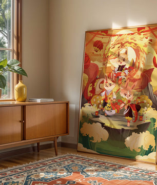 Fantastical scene with anthropomorphic animals and a dragon in a vibrant setting