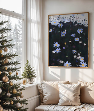 Field Of Blue And White Daisies On A Dark Background