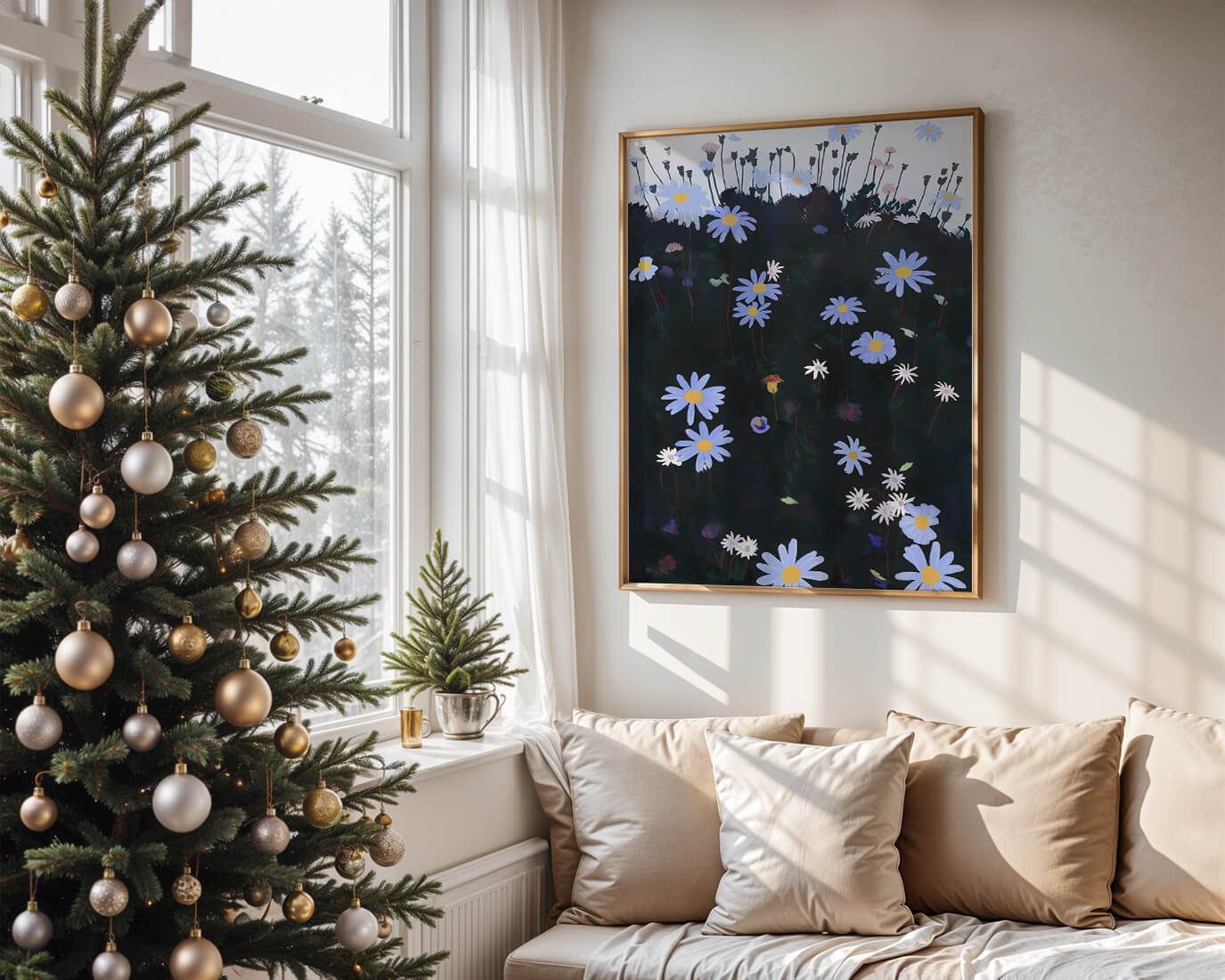 Field Of Blue And White Daisies On A Dark Background