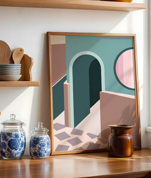 Abstract architectural scene with geometrical shapes