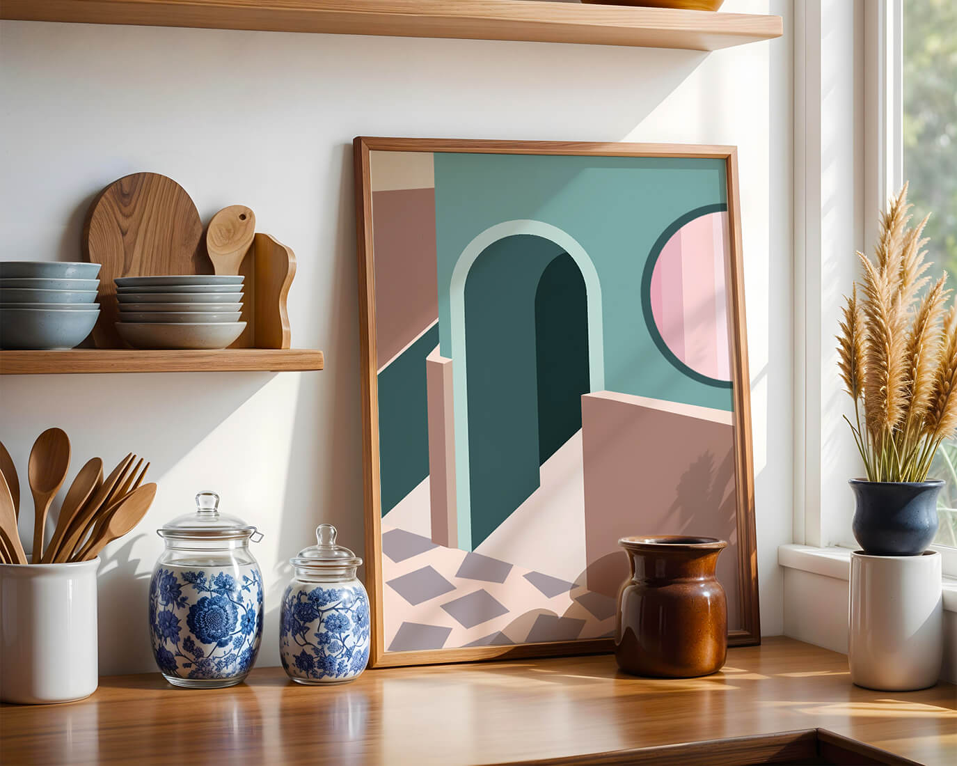 Abstract architectural scene with geometrical shapes