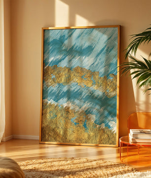 Pintura abstracta con textura dorada y fondo azul