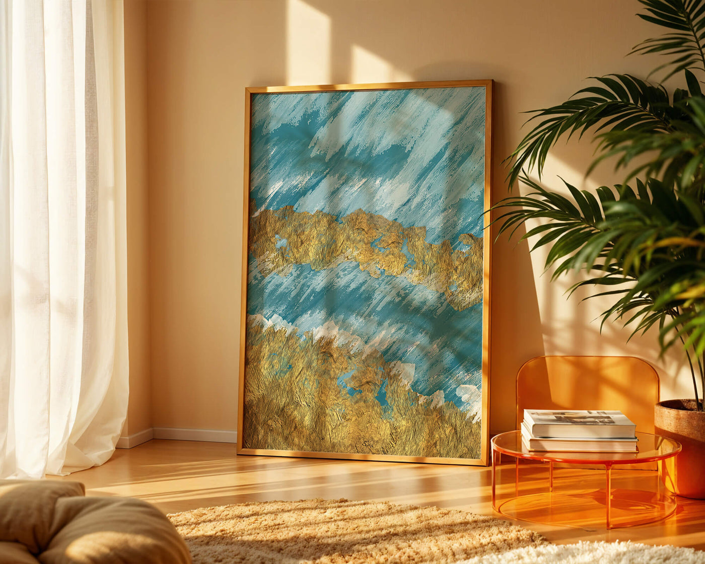 Abstract painting with gold texture and blue background