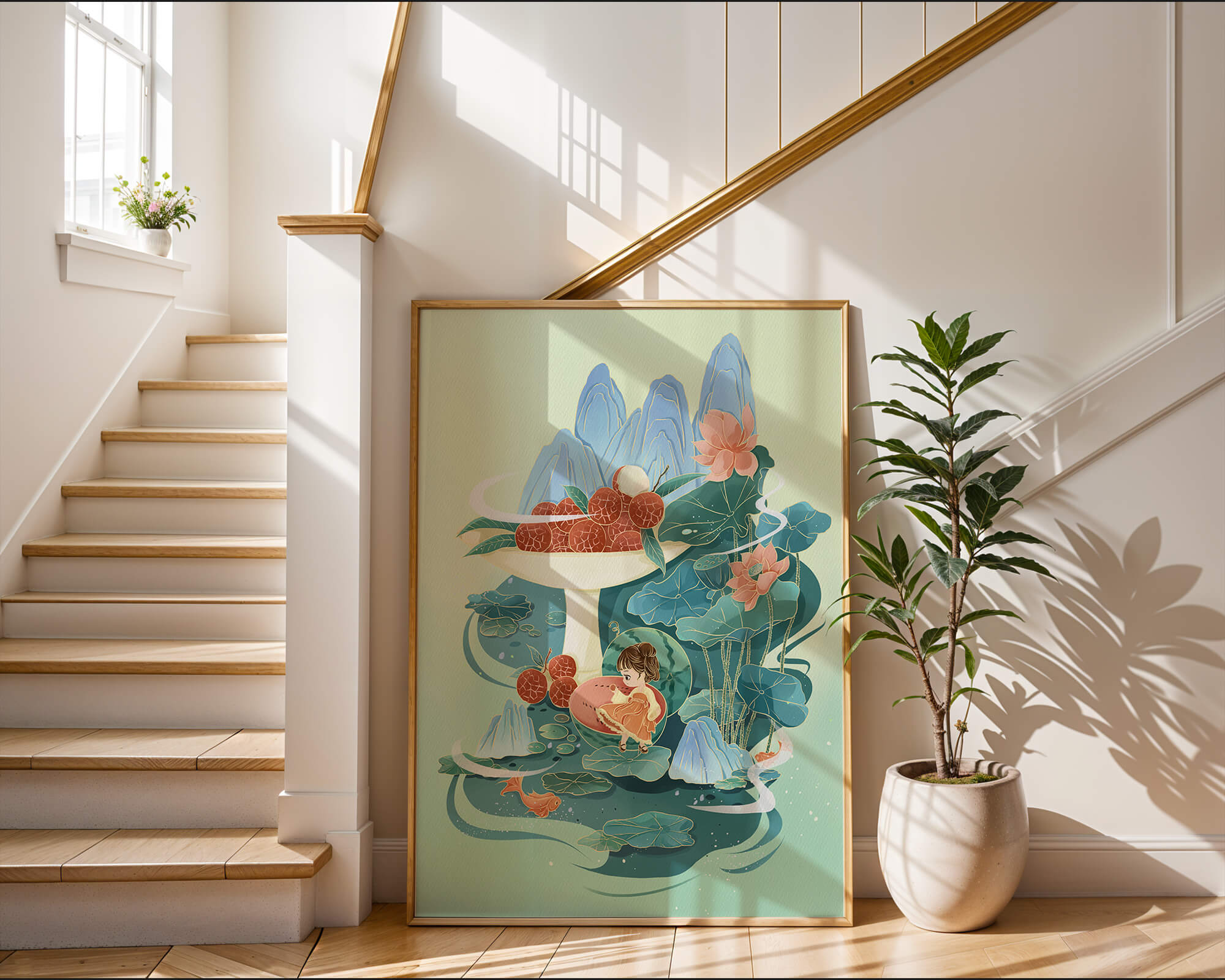 Whimsical illustration with girl, lychee, and lotus flowers