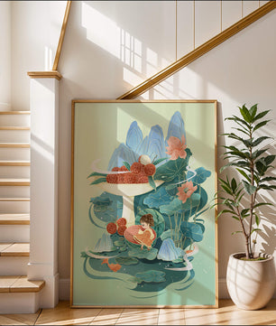 Whimsical illustration with girl, lychee, and lotus flowers