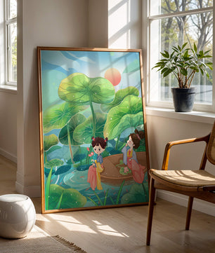 Charming illustration of children on a boat in a lush lotus pond