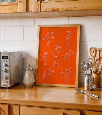 Geometric animal patterns on vibrant orange background