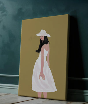 Woman in a white dress and hat on a gold background