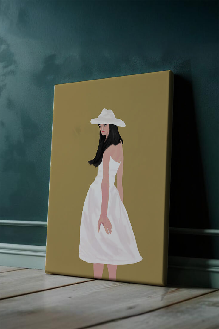 Woman in a white dress and hat on a gold background