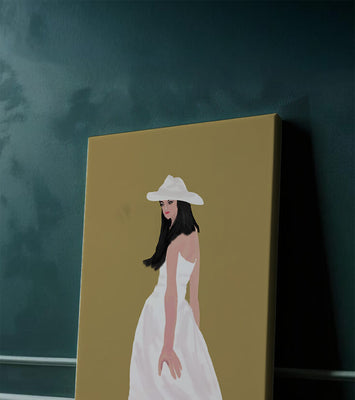 Woman in a white dress and hat on a gold background
