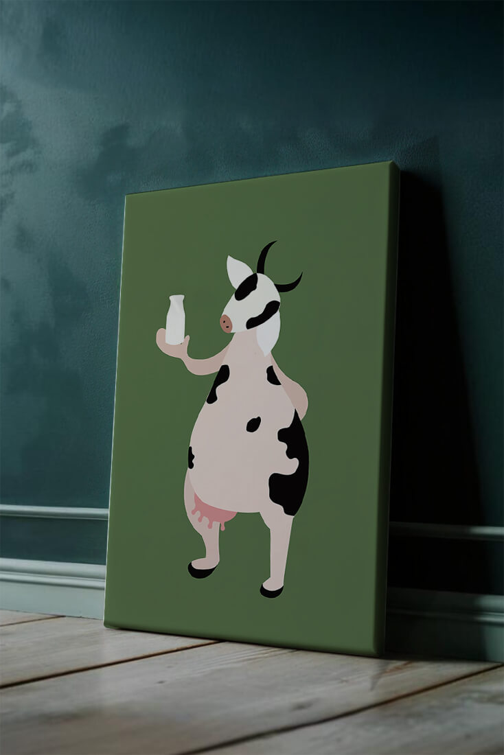 Illustration of anthropomorphic cow holding a milk bottle on green background