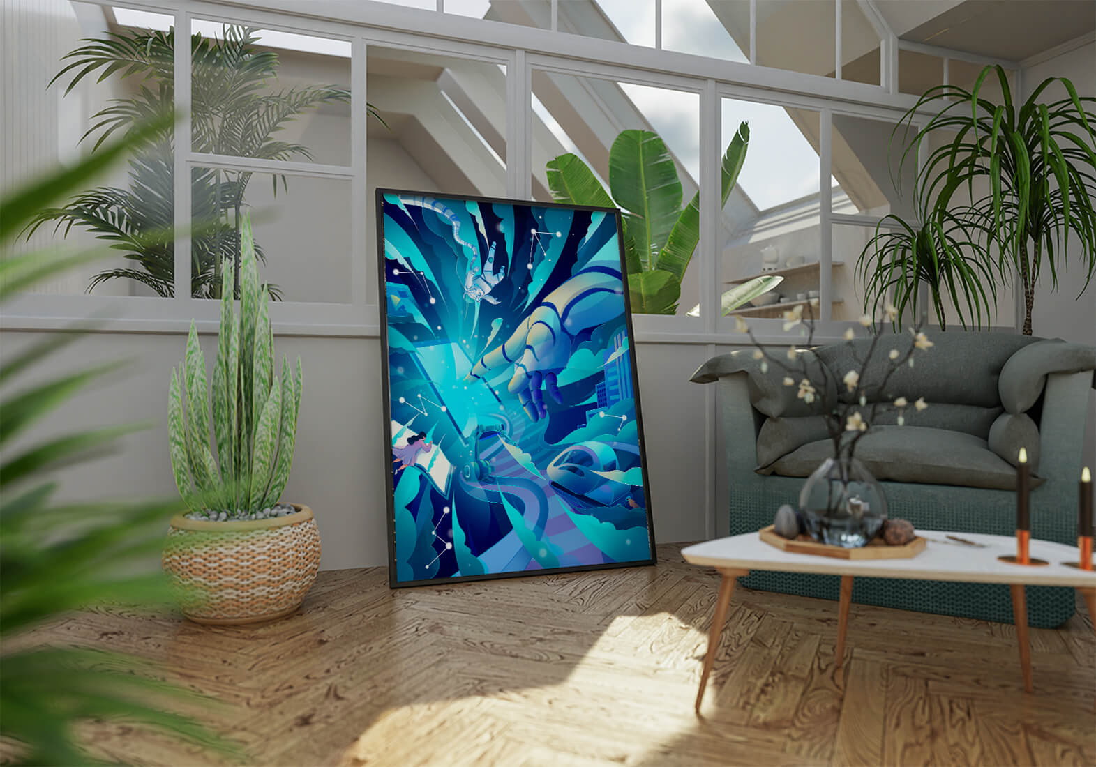 Futuristic digital artwork featuring astronaut and robotic hand in vibrant blue tones