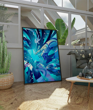 Futuristische digitale Kunst mit Astronaut und Roboterhand in lebhaften Blautönen