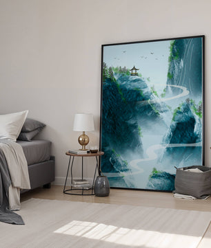 Paisaje montañoso sereno con pagoda y río serpenteante