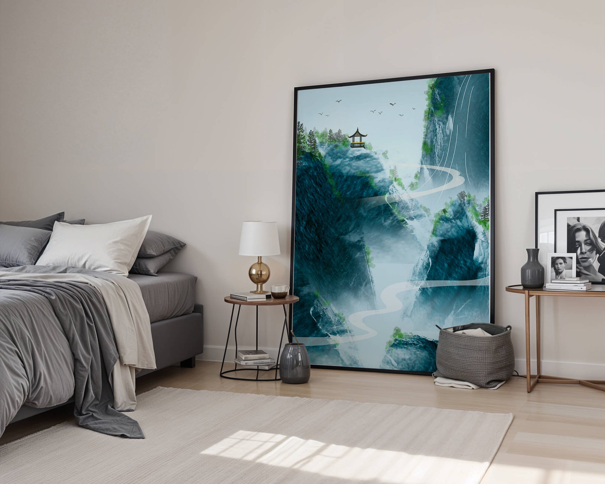 Paisaje montañoso sereno con pagoda y río serpenteante