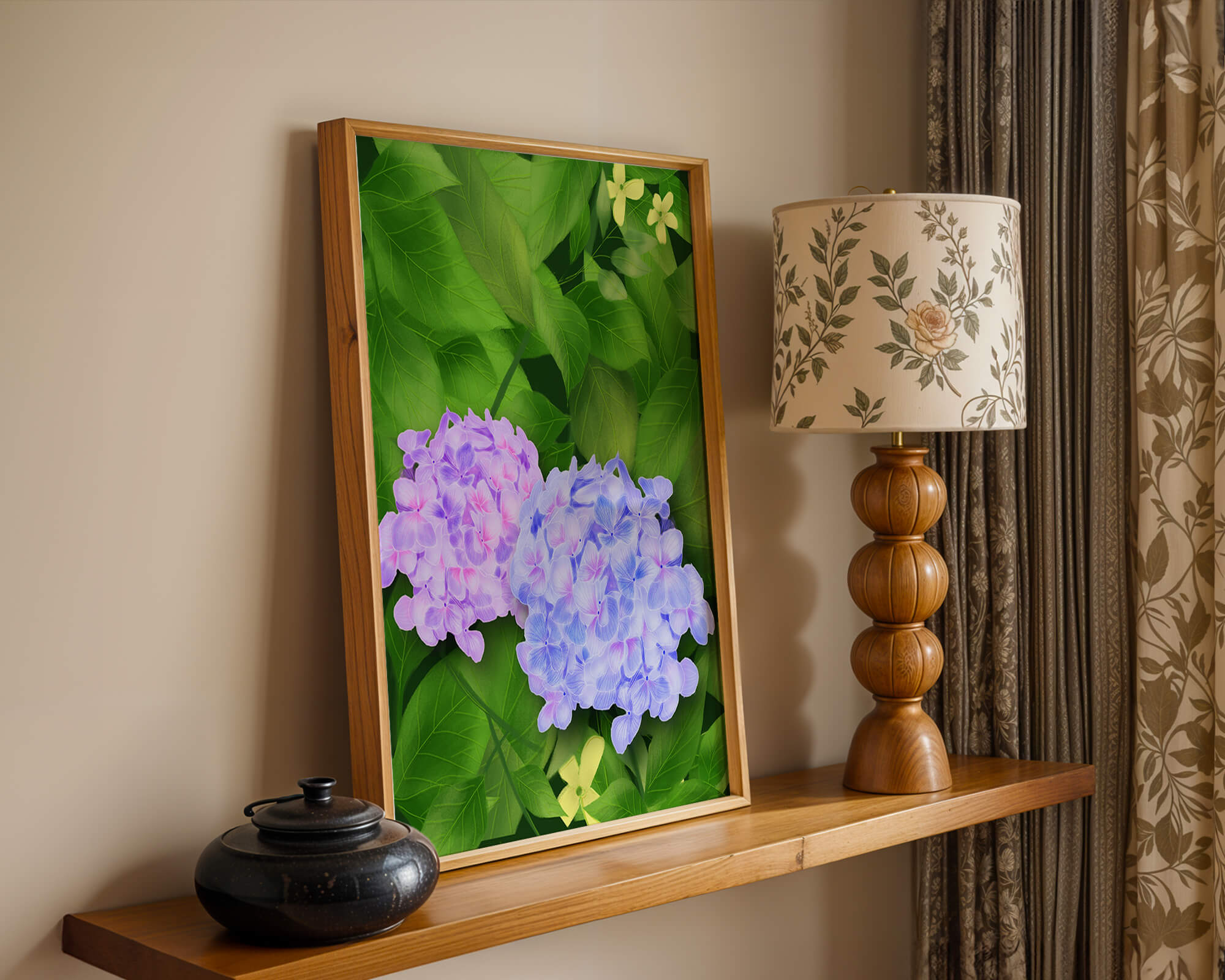 Delicate hydrangeas with lush green leaves in a vibrant botanical scene