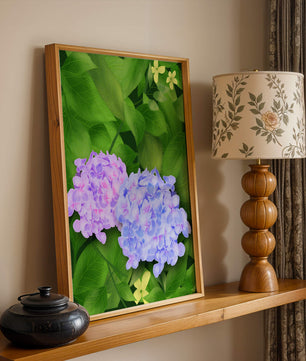 Delicate hydrangeas with lush green leaves in a vibrant botanical scene