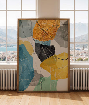 Abstrakte geometrische Kunst mit goldenen Akzenten und leuchtenden Farben